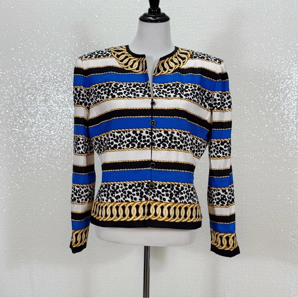 Adrianna Papell 100% Silk Chain Leopard Print Jacket Blazer Blue Gold Size 14 - Picture 11 of 11